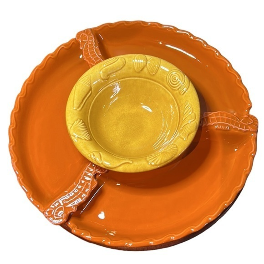 Vintage California pottery Lazy Susan chip and dip set‎ with embossed seahorses